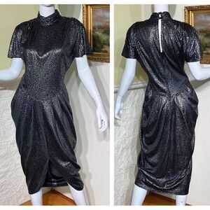 Vintage 70s Harem Draped Disco Dress Black Silver Dots